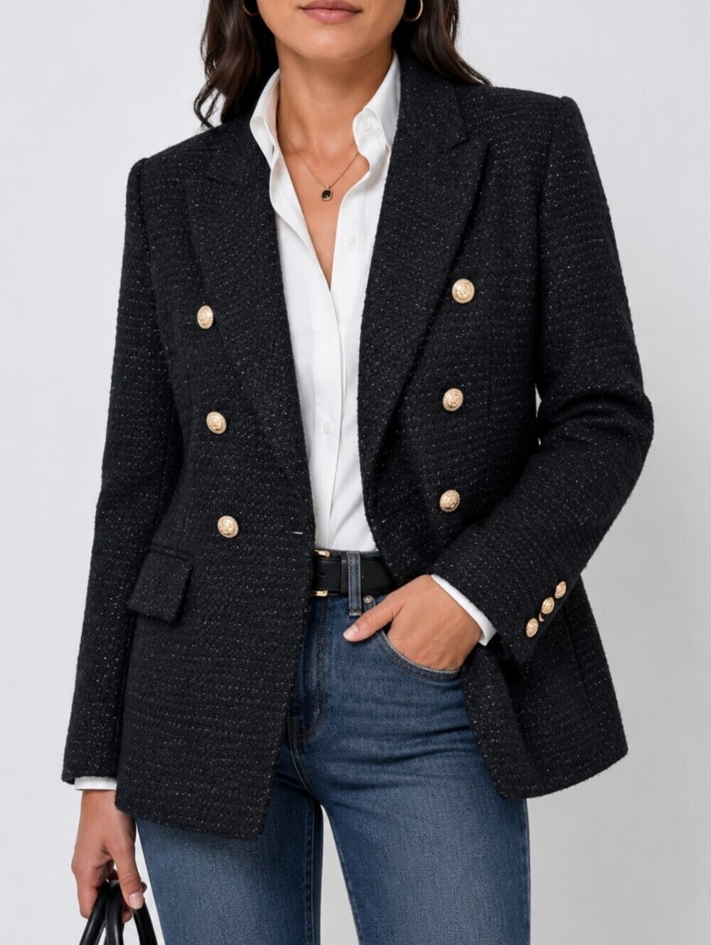 Zara Black Boucle Tweed Blazer Gold Button Double Breasted Wool Blend Old Money